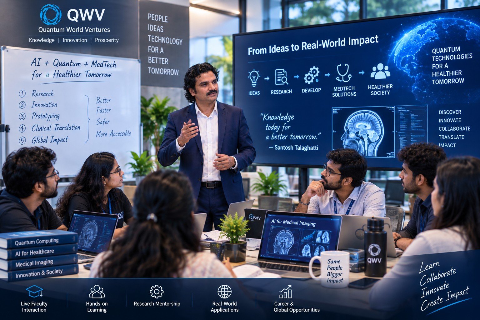 Santosh Talaghatti leading a live training session with Quantum World Ventures' Research Scholars, presenting AI and Quantum Technologies for real-world impact